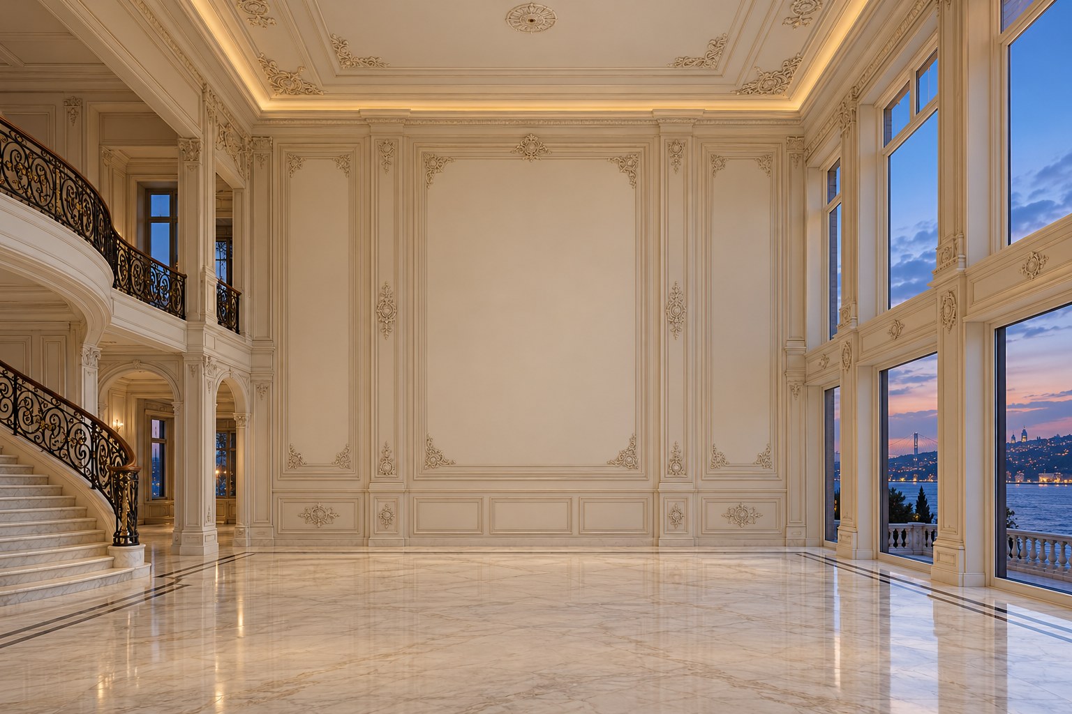 Leerer Salon einer historischen Villa am Wasser