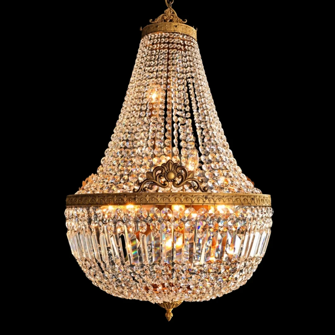Jugendstil-Lüster, grosse Lampe mit Kristallbehang von Light Delux Berlin